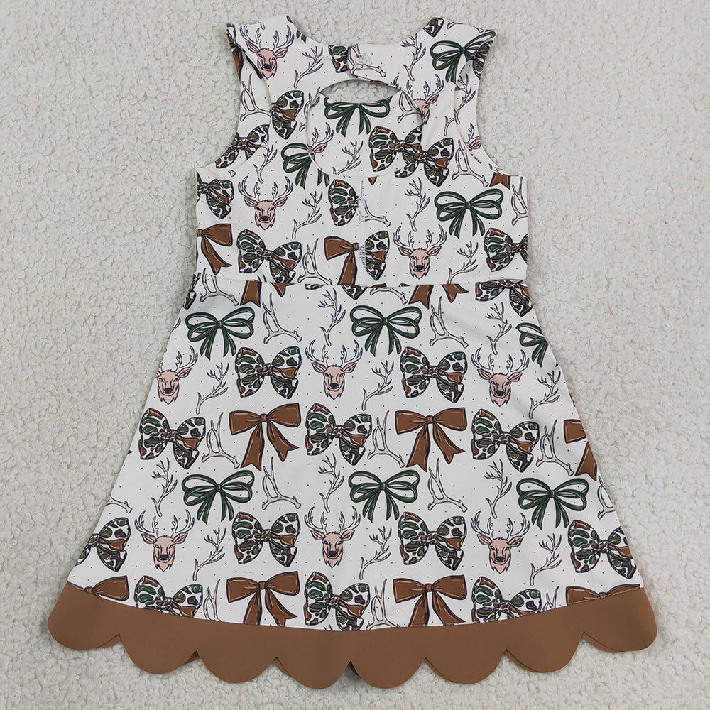 Baby Girls Dress Camo Bows Deer Hunting Yoga Active Short Bows Scallop Knee Length Dress GSD4008