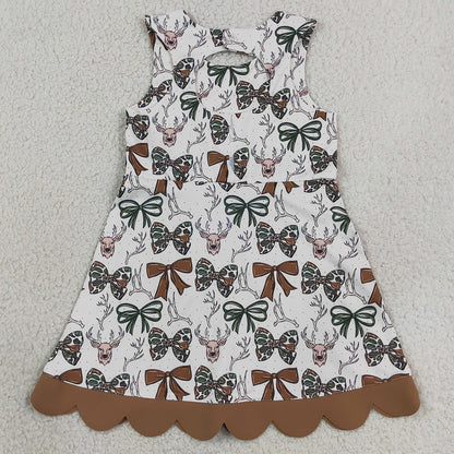 Baby Girls Dress Camo Bows Deer Hunting Yoga Active Short Bows Scallop Knee Length Dress GSD4008