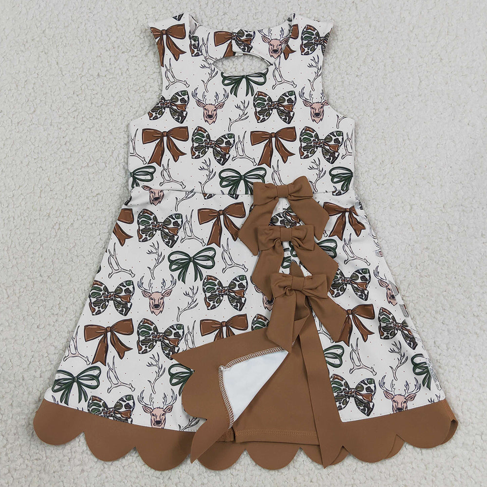 Baby Girls Dress Camo Bows Deer Hunting Yoga Active Short Bows Scallop Knee Length Dress GSD4008