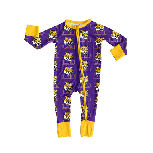 Preorder moq 5 Baby Infant Boys Long Sleeves Purple LSU Tigers Plaid Zipper Romper 7.12