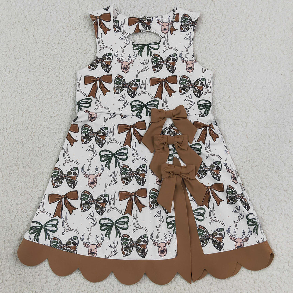 Baby Girls Dress Camo Bows Deer Hunting Yoga Active Short Bows Scallop Knee Length Dress GSD4008