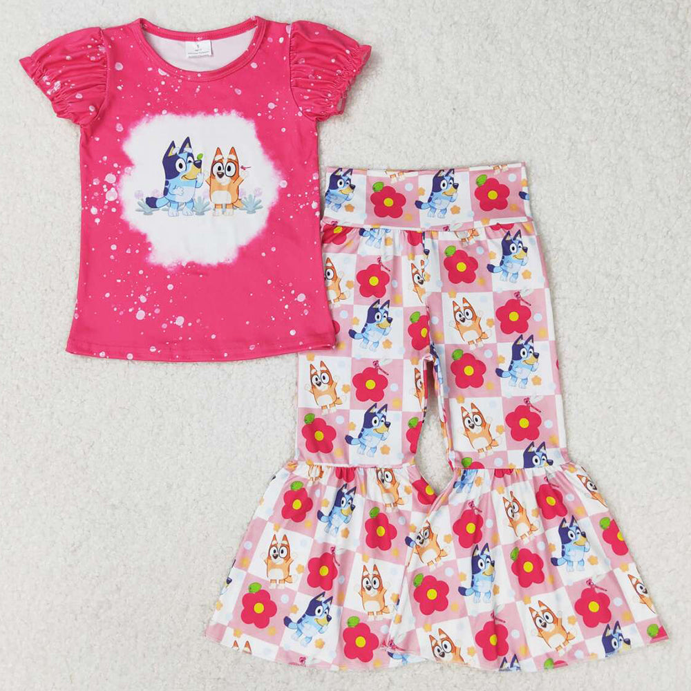 Baby Girls Clothes Pink Dogs Shirts Top Flowers Bell Pants Sets GSPO1275