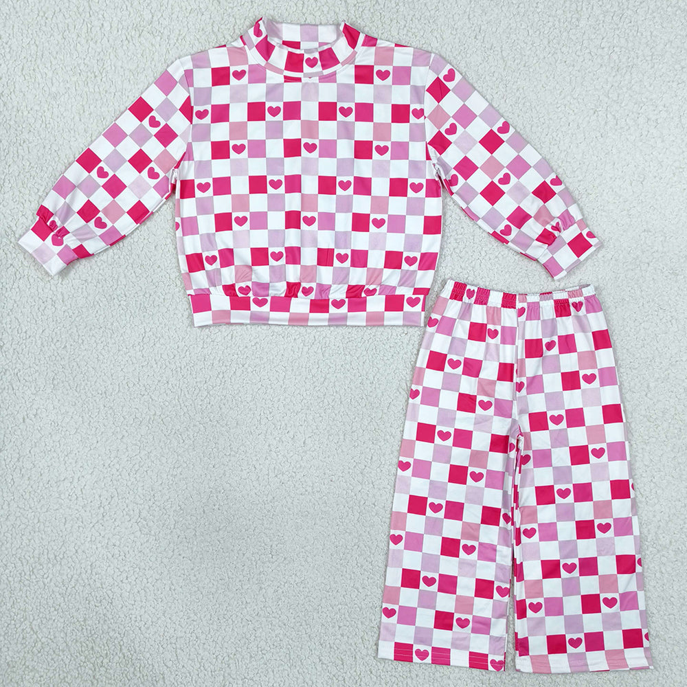 Baby Girls Clothes Pink Checked Hearts Choker Top Flare Pant Valentines Clothes Set GLP3867