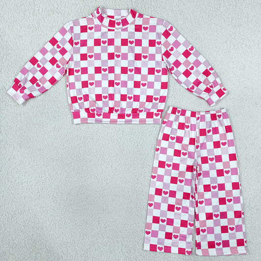 Baby Girls Clothes Pink Checked Hearts Choker Top Flare Pant Valentines Clothes Set GLP3867