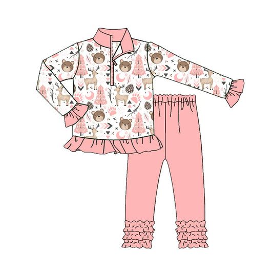 Preorder(moq 5) Baby Girls Pink Animals Zip Pullover Top Legging Boutique Outfits Sets 8.7