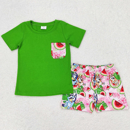 Baby Boys Clothes Green Tee Shirts Tops Dog Watermelon Shorts Sets BSSO0743