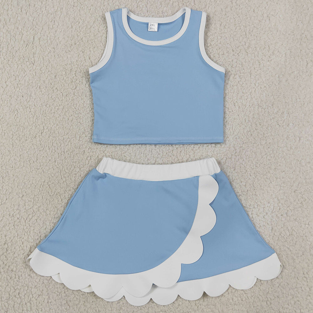 Baby Girls Clothes Light Blue Crop Scallop Skirt Short Yoga Active Clothes Sets GSD4084