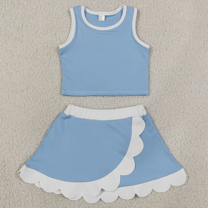 Baby Girls Clothes Light Blue Crop Scallop Skirt Short Yoga Active Clothes Sets GSD4084