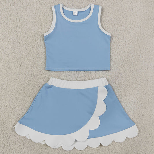 Baby Girls Clothes Light Blue Crop Scallop Skirt Short Yoga Active Clothes Sets GSD4084