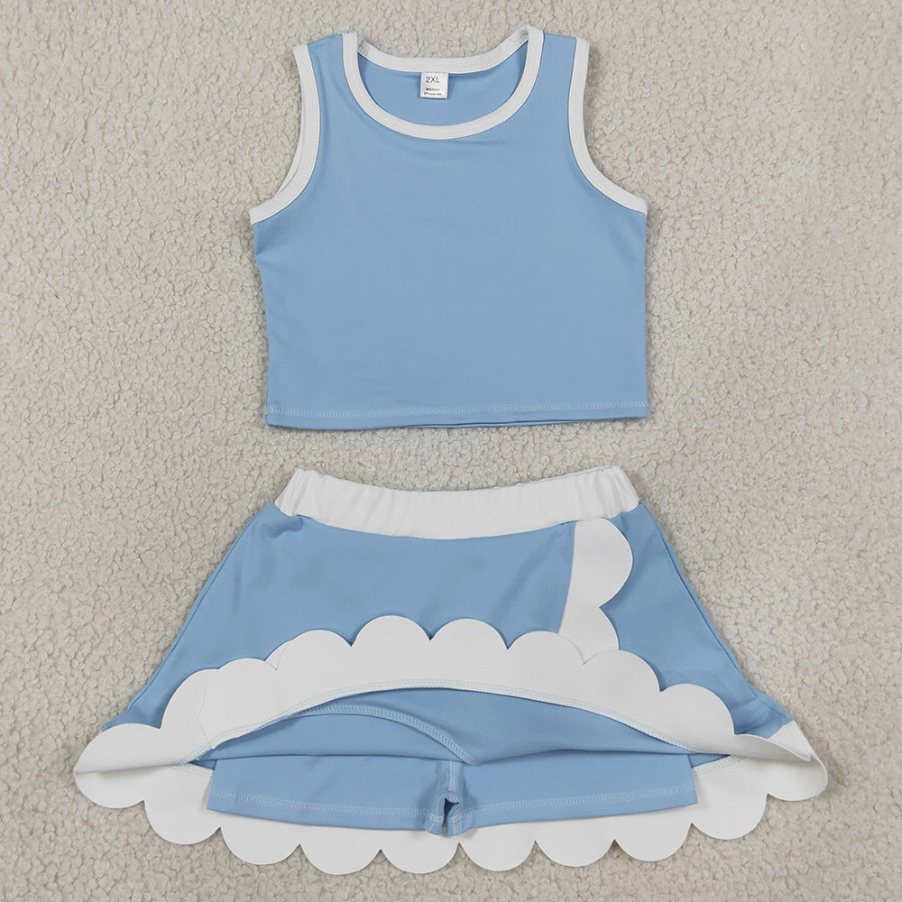 Baby Girls Clothes Light Blue Crop Scallop Skirt Short Yoga Active Clothes Sets GSD4084