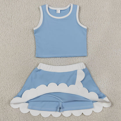 Baby Girls Clothes Light Blue Crop Scallop Skirt Short Yoga Active Clothes Sets GSD4084