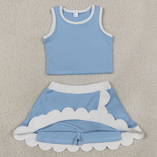 Baby Girls Clothes Light Blue Crop Scallop Skirt Short Yoga Active Clothes Sets GSD4084