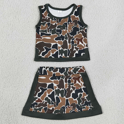 Baby Girls Clothes Southern Dark Brown Camo Vest Tops Skirt Short Yoga Active Clothes Sets GSD4233