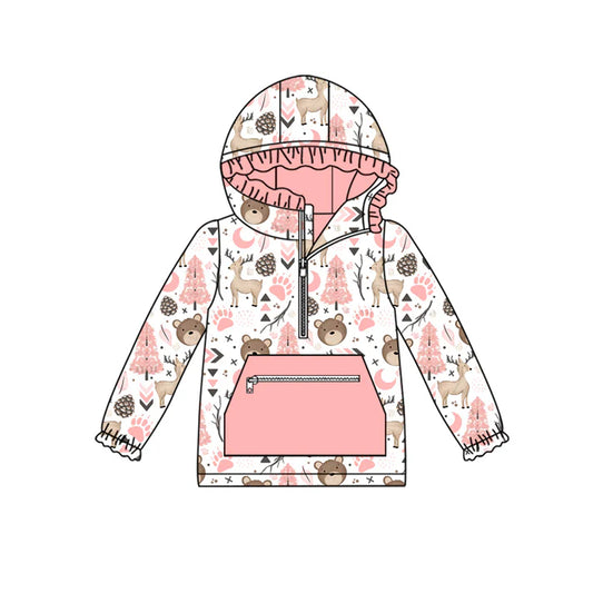 Preorder (moq 5)Baby Girls Pink Animals Zip Hooded Pullovers Tops 8.7