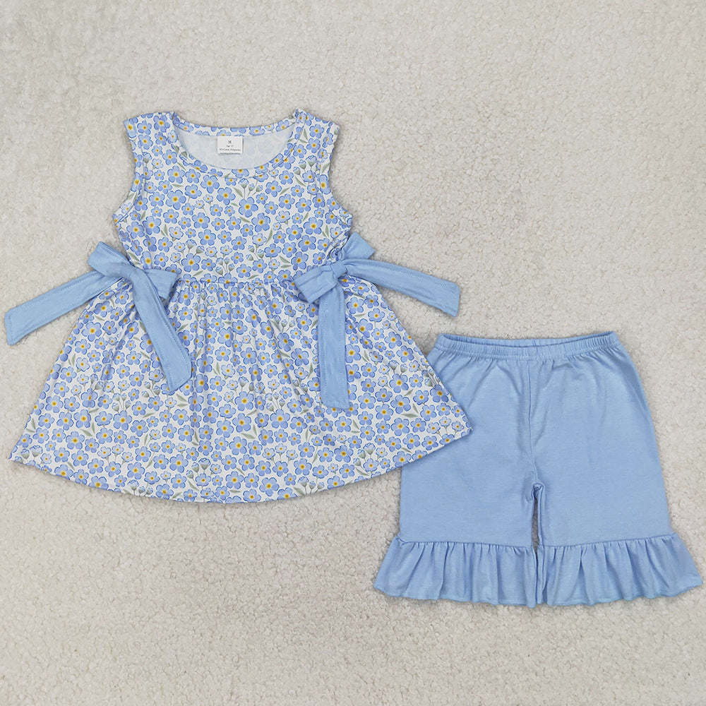 Baby Girls Clothes Blue Flowers Bows Tunic Top Ruffle Shorts Sets GSSO2204