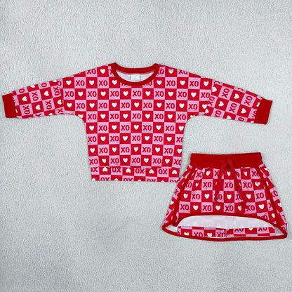 Baby Girls Long Sleeve Hearts XOXO Checked Top Skirt Short Valentines Clothes Set GLD1826