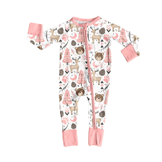 Preorder(moq 5)Baby Girls Pink Animals Zipper Footie Rompers 8.7