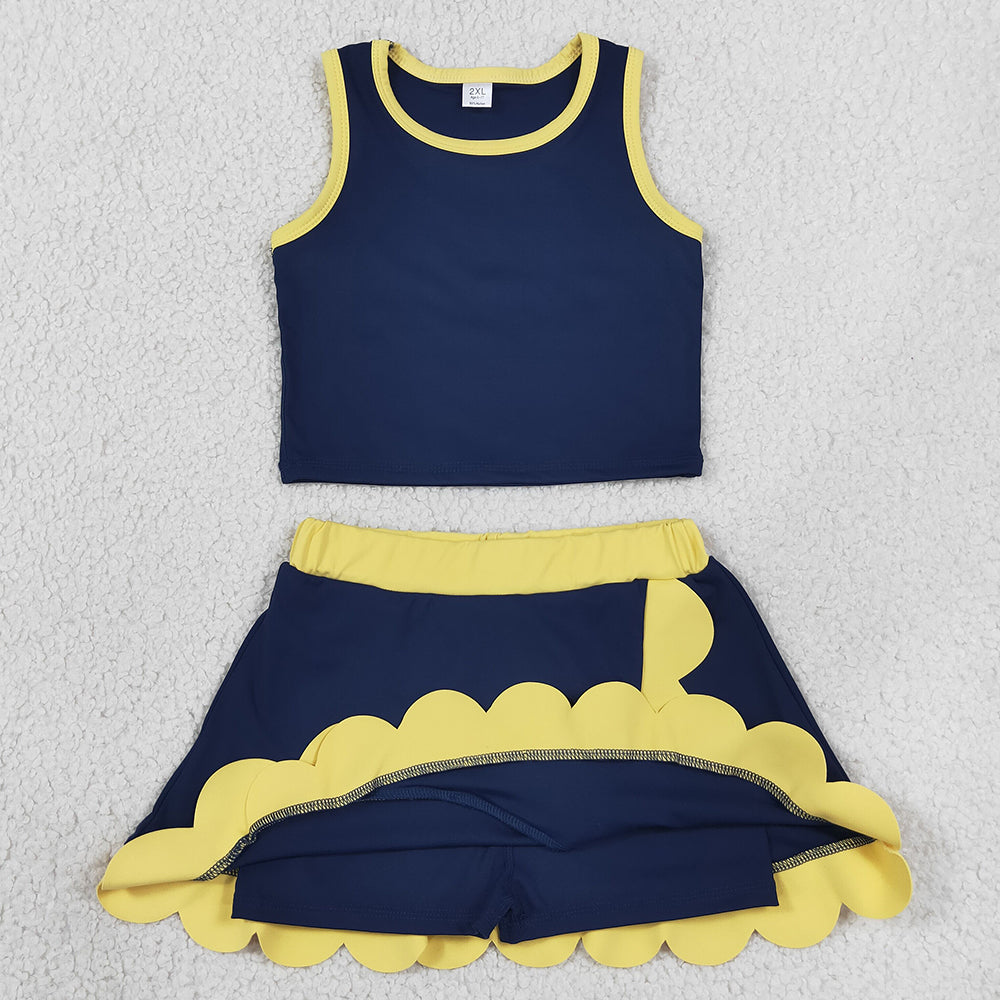 Baby Girls Clothes Yellow Navy Crop Scallop Skirt Short Yoga Active Clothes Sets GSD4111