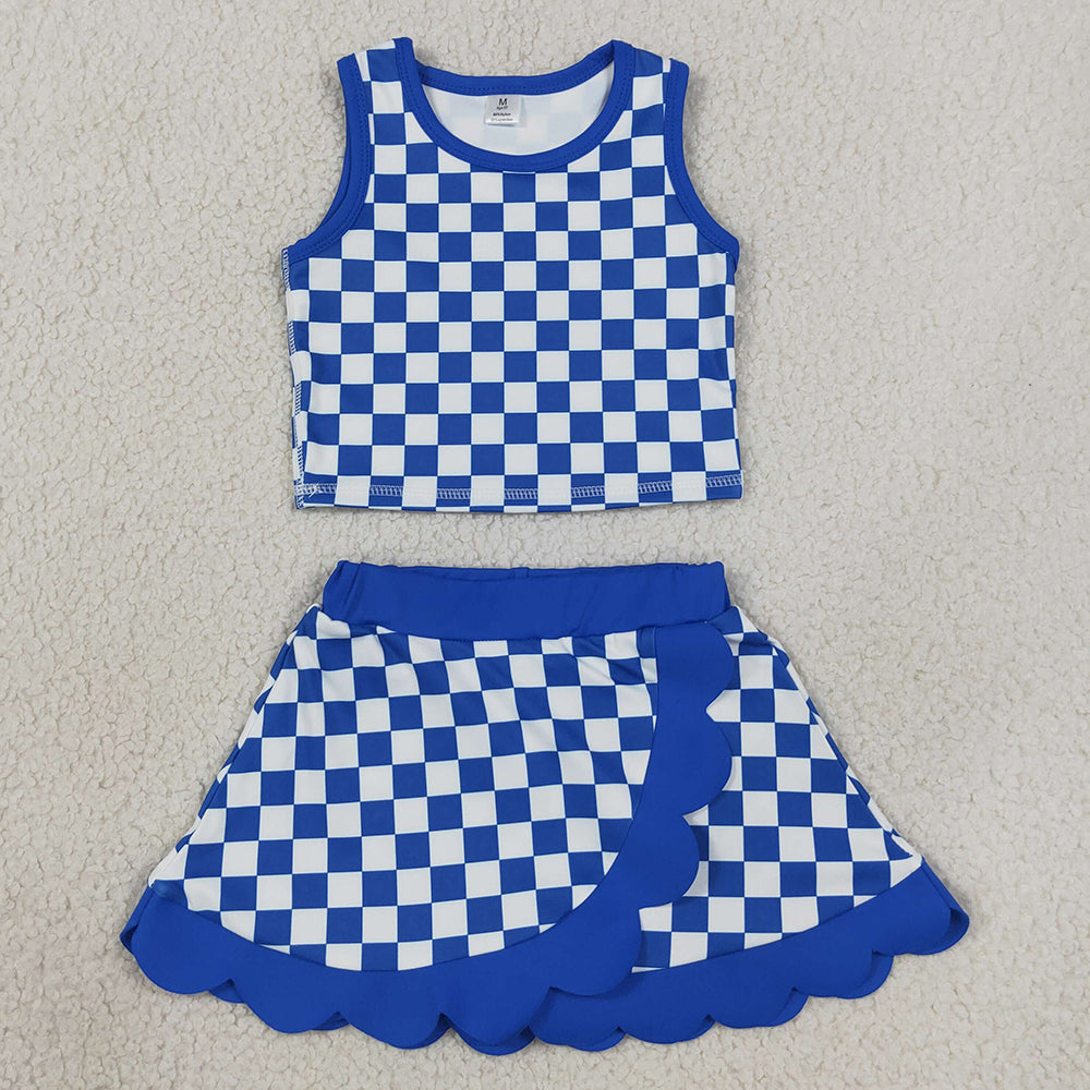 Baby Girls Hot Blue Checked Crop Scallop Skirt Short Yoga Active Clothes Sets GSD4110