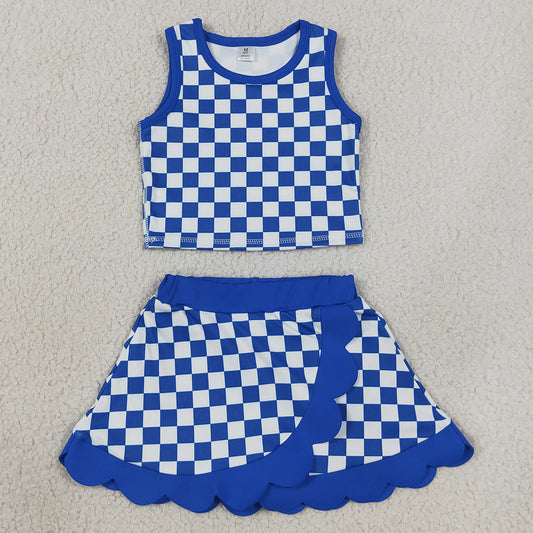 Baby Girls Hot Blue Checked Crop Scallop Skirt Short Yoga Active Clothes Sets GSD4110
