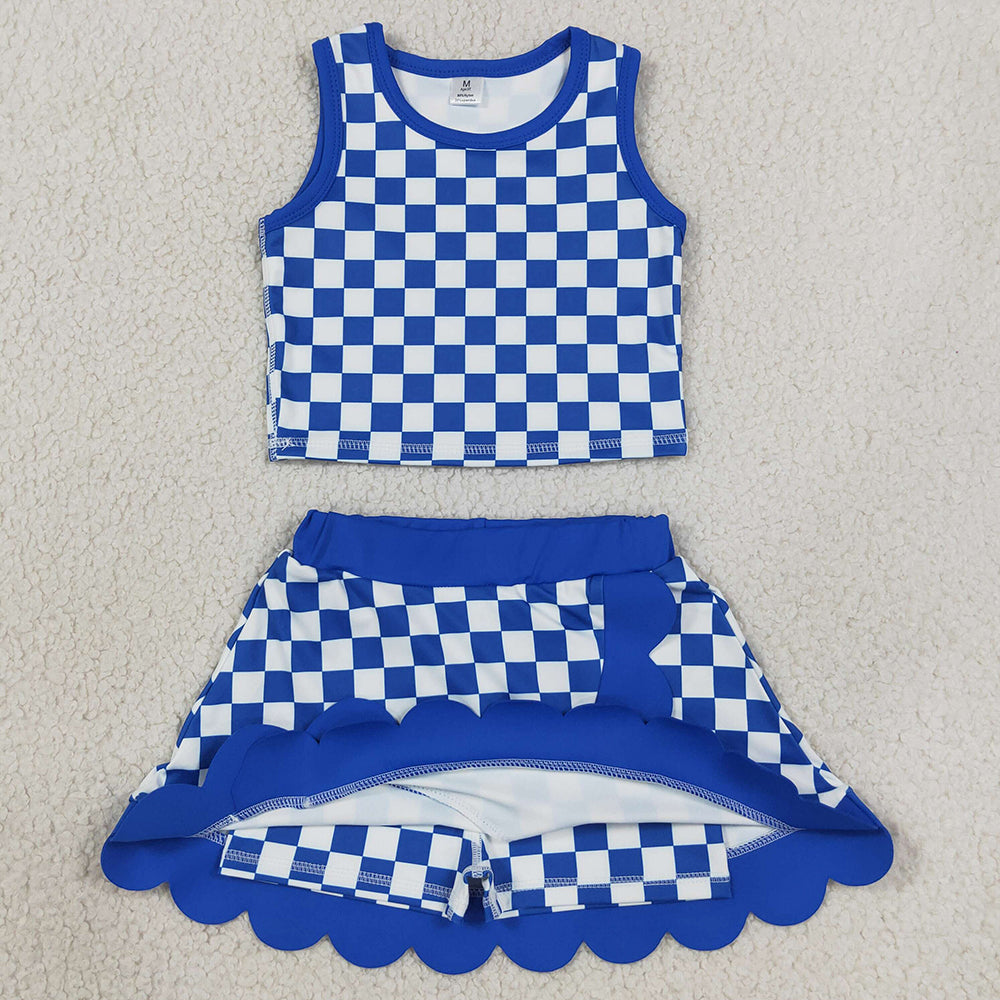 Baby Girls Hot Blue Checked Crop Scallop Skirt Short Yoga Active Clothes Sets GSD4110