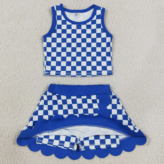 Baby Girls Hot Blue Checked Crop Scallop Skirt Short Yoga Active Clothes Sets GSD4110