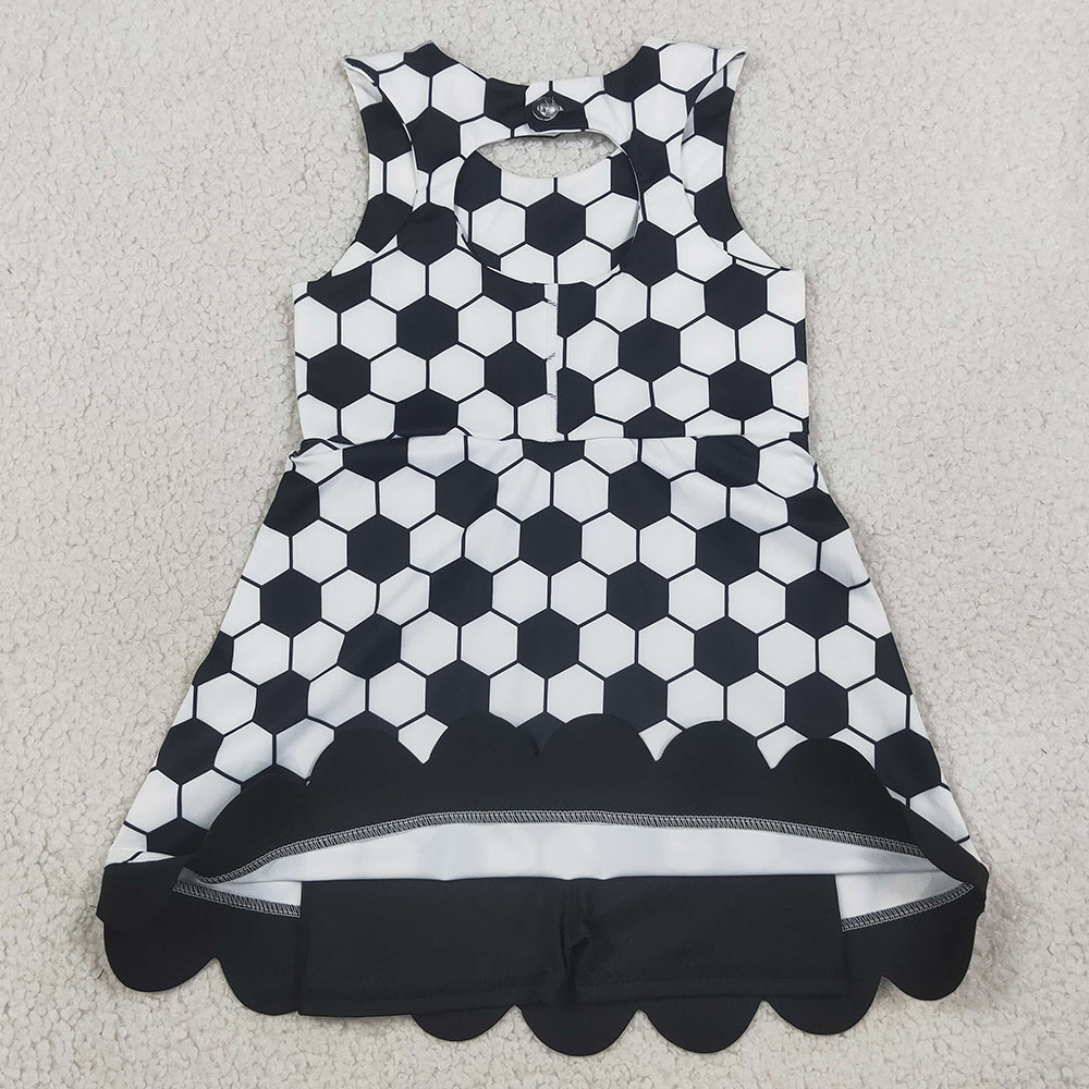 Baby Girls Dress Footballs Checked Team Yoga Active Scallop Short Knee Length Dress GSD4102