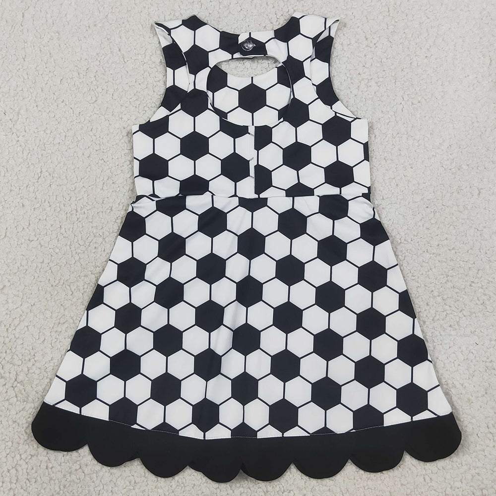 Baby Girls Dress Footballs Checked Team Yoga Active Scallop Short Knee Length Dress GSD4102