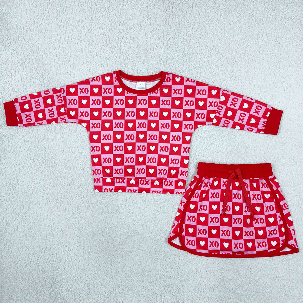Baby Girls Long Sleeve Hearts XOXO Checked Top Skirt Short Valentines Clothes Set GLD1826
