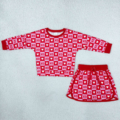 Baby Girls Long Sleeve Hearts XOXO Checked Top Skirt Short Valentines Clothes Set GLD1826