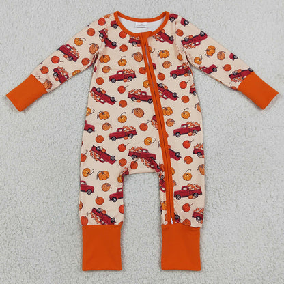 Baby Boys Rompers Pumpkins Trucks Fall Two Way Zip Convertible Romper LR3234
