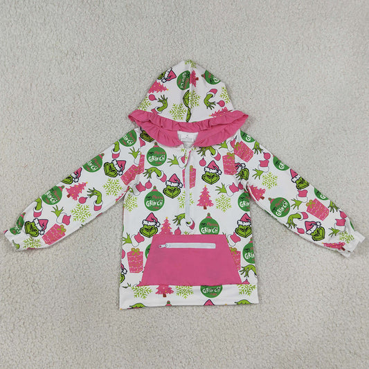 Baby Girls Clothes Green Face Gifts Pocket Zip Christmas Ruffle Hoodies Top GT1164