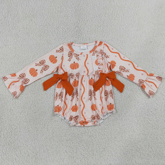 Baby Girls Rompers Long Sleeve Pumpkins Bows Fall Button Ruffle Romper LR3083