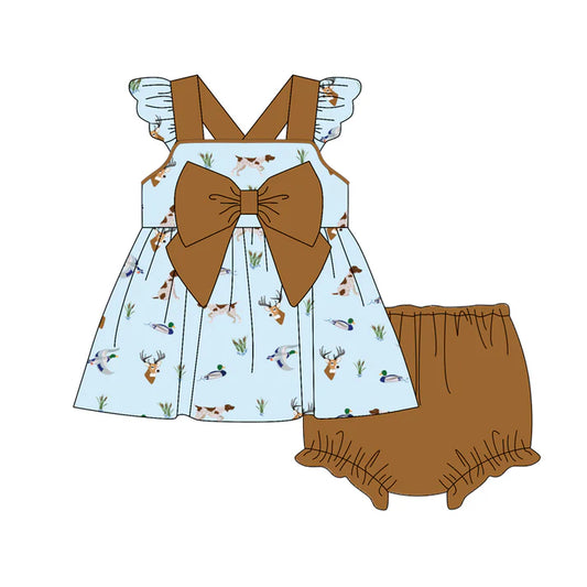 Preorder (moq 5)Baby Girls Blue Flutter Sleeves Deer Ducks Dogs Tunic Brown Bummies Set 4.28