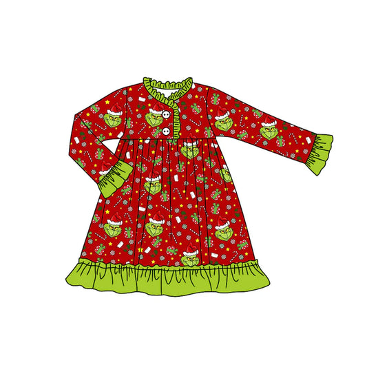 Preorder (moq 5)Baby Girls Green Face Candy Cane Ruffle Christmas Knee Length Dress 8.1