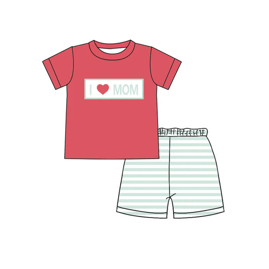 Preorder (moq 5)Baby Boys Red Short Sleeves I LOVE MOM Top Light Blue Stripe Short Set 5.15
