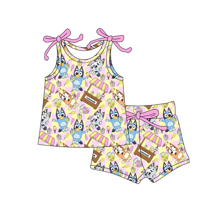Preorder moq 5 Baby Girls Bows Sleeveless Cartoon Dogs Ice Cream Truck Top Short Set 4.16