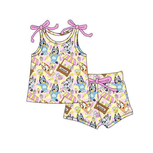 Preorder moq 5 Baby Girls Bows Sleeveless Cartoon Dogs Ice Cream Truck Top Short Set 4.16