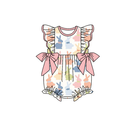 Preorder (moq 5)Baby Girls Colorful Rabbits Flutter Sleeve Bows Easter Ruffle Rompers 10.18