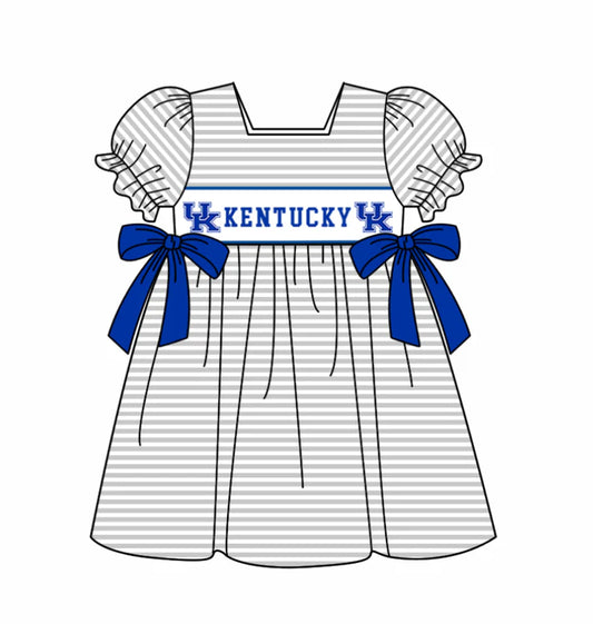 Preorder (moq 5)Baby Girls Kentucky UK Bows Stripe Team Knee Length Dresses 12.5