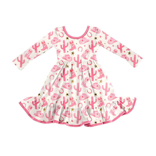 Preorder(moq 8)Baby Girls Pink Hats Boots Cactus Western Ruffle Knee Length Dresses 9.26