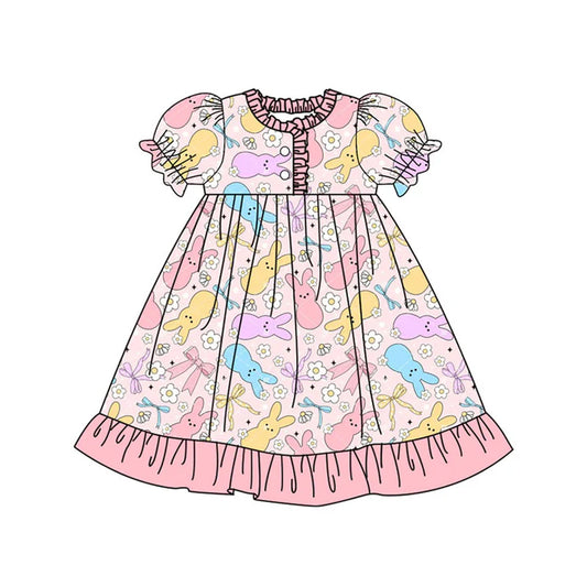 Preorder (moq 8)Baby Girls Colorful Flowers Rabbits Button Ruffle Easter Knee Length Dress 9.16
