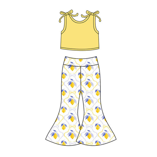 Preorder(moq 5) Baby Girls Yellow Sleeveless Top Lemon Checked Bell Bottom Pants Clothes Sets 10.20