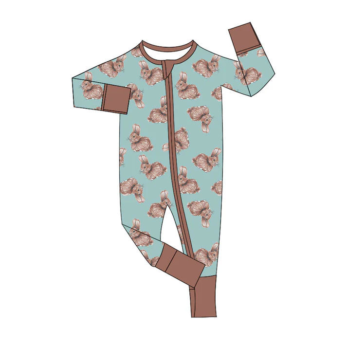 Preorder (moq 5)Baby Boys Green Rabbits Easter Two Way Zip Convertible Rompers 12.15