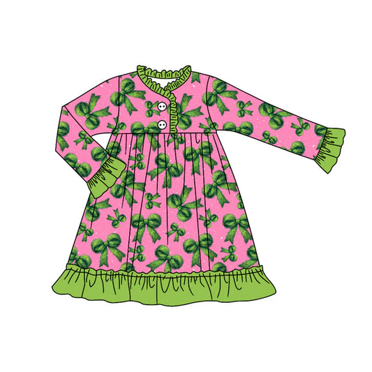 Preorder(moq 5) Baby Girls Long Ruffle Sleeves Green Bows Plaid Button Knee Length Dresses 7.24
