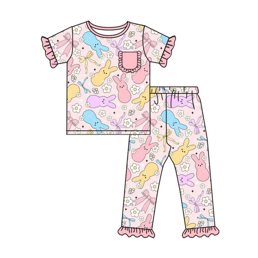 Preorder (moq 8)Baby Girls Colorful Flowers Rabbits Top Ruffle Pants Easter Pajamas Sets 9.16