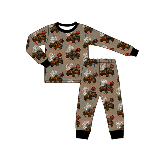 Preorder (moq 5)Baby Boys Brown Long Sleeves Truck Ghost Pumpkins Top Pants Pajamas Set 6.21