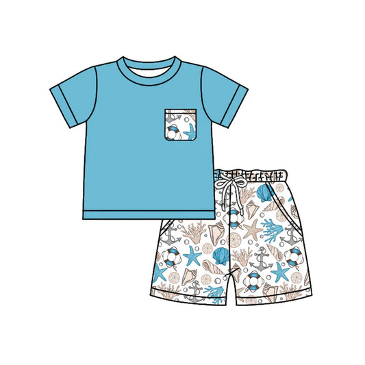 Preorder moq 5 Baby Boys Blue Short Sleeves Pocket Top Sea World Shorts Set 4.14
