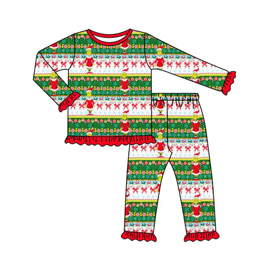 Preorder (moq 5)Baby Girls Long Ruffle Sleeves Cartoon Face Stripes Top Pants Pajamas Set 7.26