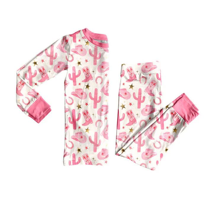 Preorder(moq 8)Baby Girls Pink Hats Boots Cactus Top Pants Western Pajamas Sets 9.26